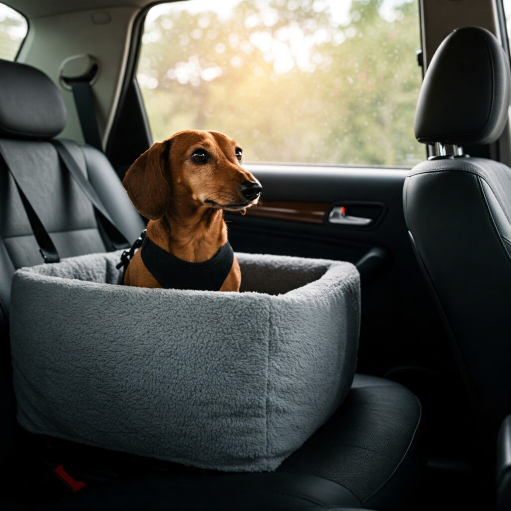 dachshund sitting on car seat